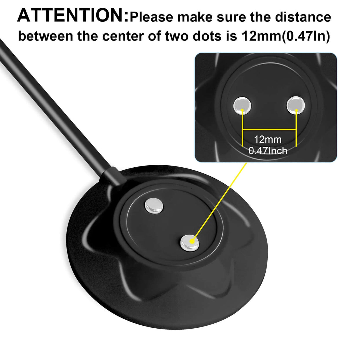 Black charging dock with 12 mm center-to-center spacing between its two magnetic contacts