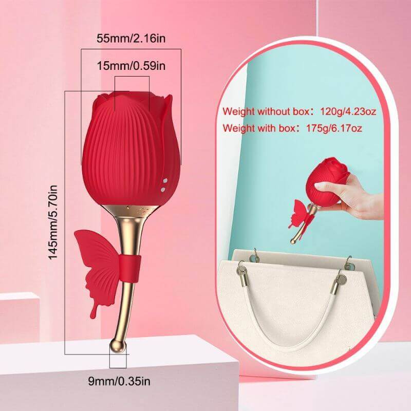 Butterfly Rose Toy size diagram showing 145 mm overall length, 55 mm flower width, 15 mm opening and 9 mm rounded tip