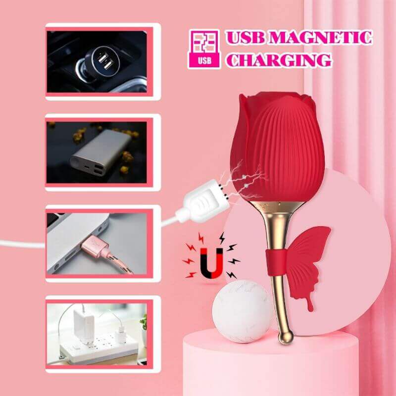 Red Butterfly Rose Toy charging diagram showing magnetic contacts on the flower head and a USB charging cable