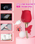 Red Butterfly Rose Toy charging diagram showing magnetic contacts on the flower head and a USB charging cable