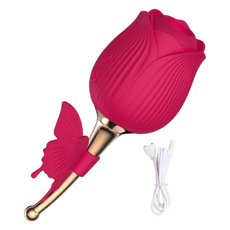 Purple Butterfly Rose Toy with textured flower head, gold-colored curved stem, butterfly accent and USB charging cable