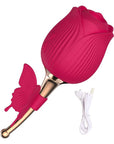 Purple Butterfly Rose Toy with textured flower head, gold-colored curved stem, butterfly accent and USB charging cable