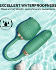 Green rose unit with two buttons and a connected cylindrical end on a water-themed care graphic, showing the flexible connector and gold-colored base trim