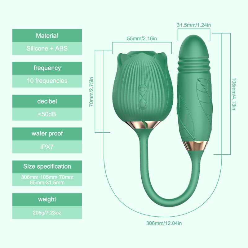 Green rose size guide showing a 70 by 55 mm rose head, 105 by 31.5 mm cylindrical end, 306 mm illustrated overall path and 205 g listed weight