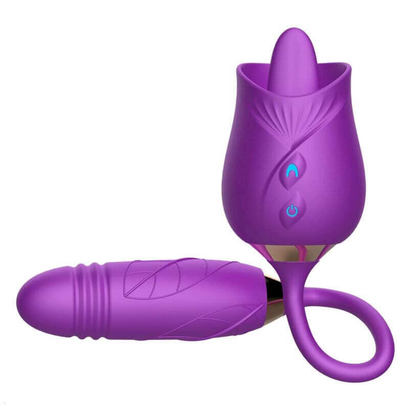 Purple Licking Rose Toy with raised tongue, two front controls and a connected rounded dildo with ribbed detail