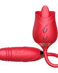 Red Licking Rose Toy with raised tongue, two front controls and a connected rounded dildo with ribbed detail