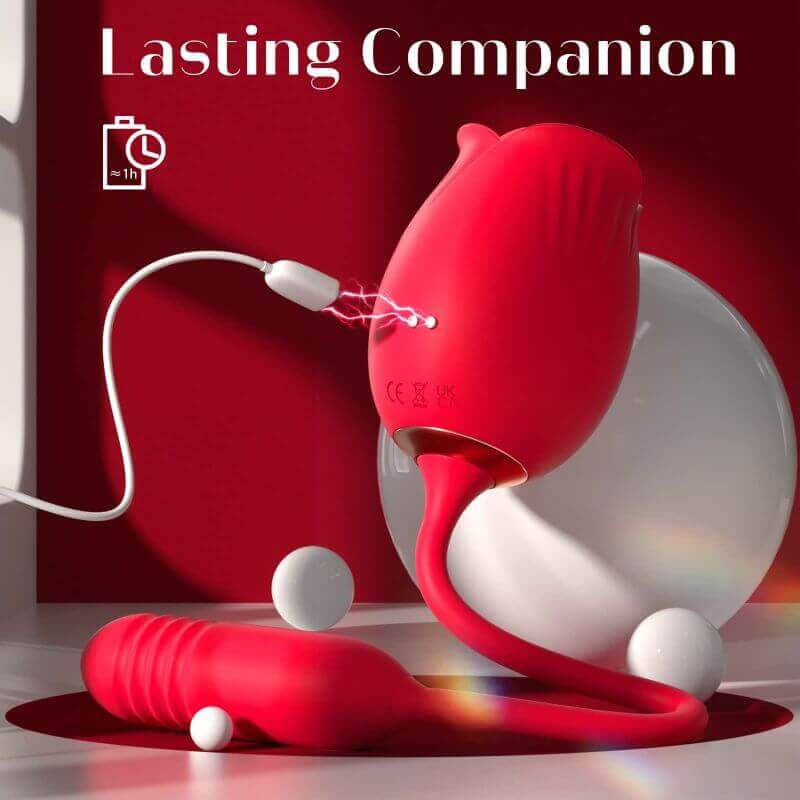 Rear view of the red Love Flower Rose Toy showing its two magnetic charging contacts and matching cable