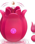 Pink rose clitoral massager with central contact point, single button and two additional silicone heads