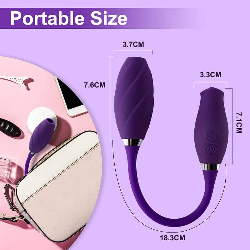Rose Petal vibrator size diagram: 7.6 by 3.7 cm elongated end, 7.1 by 3.3 cm control end and 18.3 cm connector marking