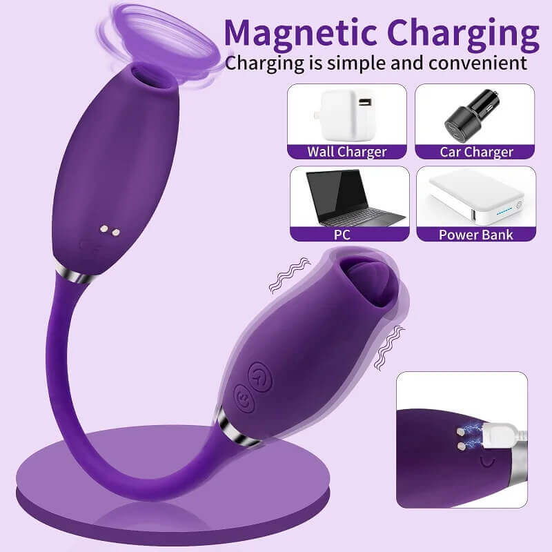 Rose Petal vibrator magnetic USB charging diagram showing two contacts and a matching charging cable