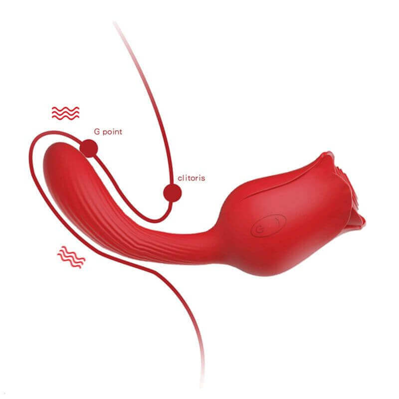 Side profile of the red rose suction toy with curved tail, showing the flower head and rounded vibrating contact position