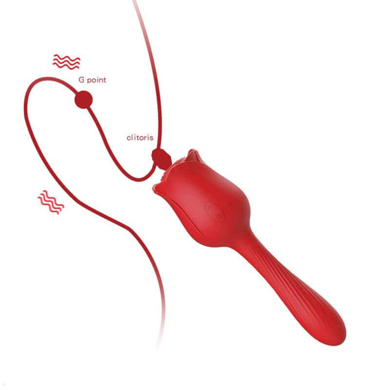 Rose suction toy positioning illustration showing the flower opening and curved vibrating tail as two contact areas
