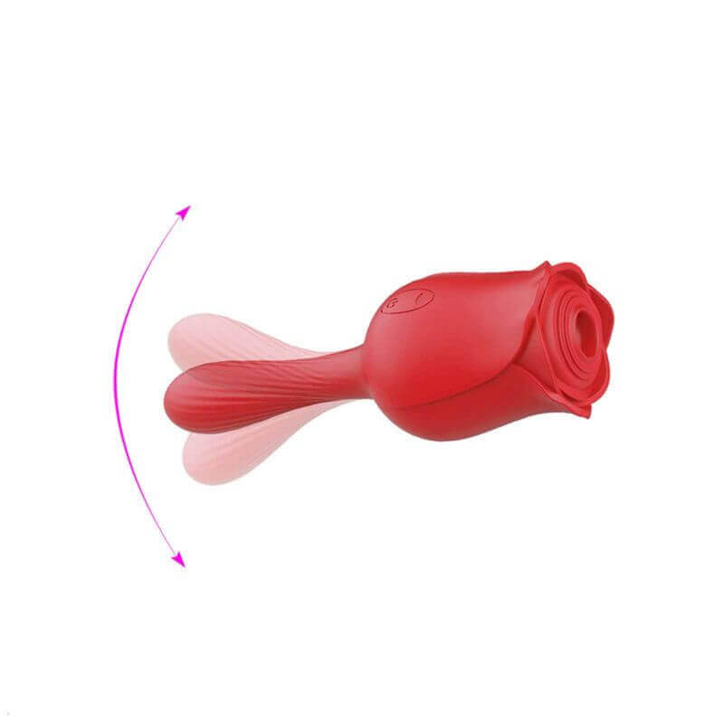 Red rose suction toy illustration highlighting the curved rounded tail and open flower head