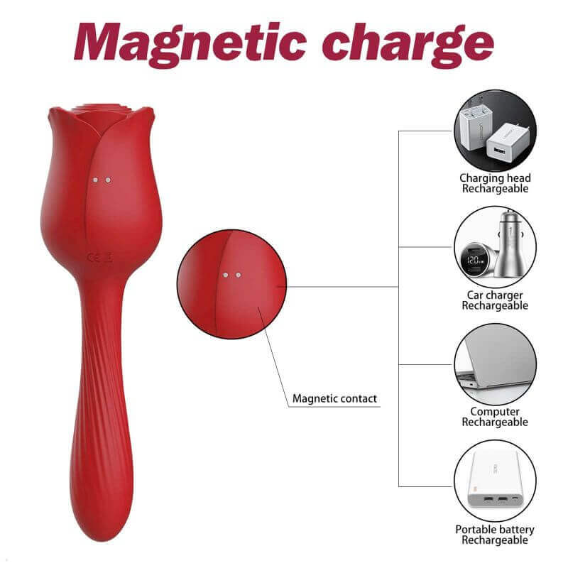 Rear view of the rose suction toy with tail showing two magnetic USB charging contacts on the flower body