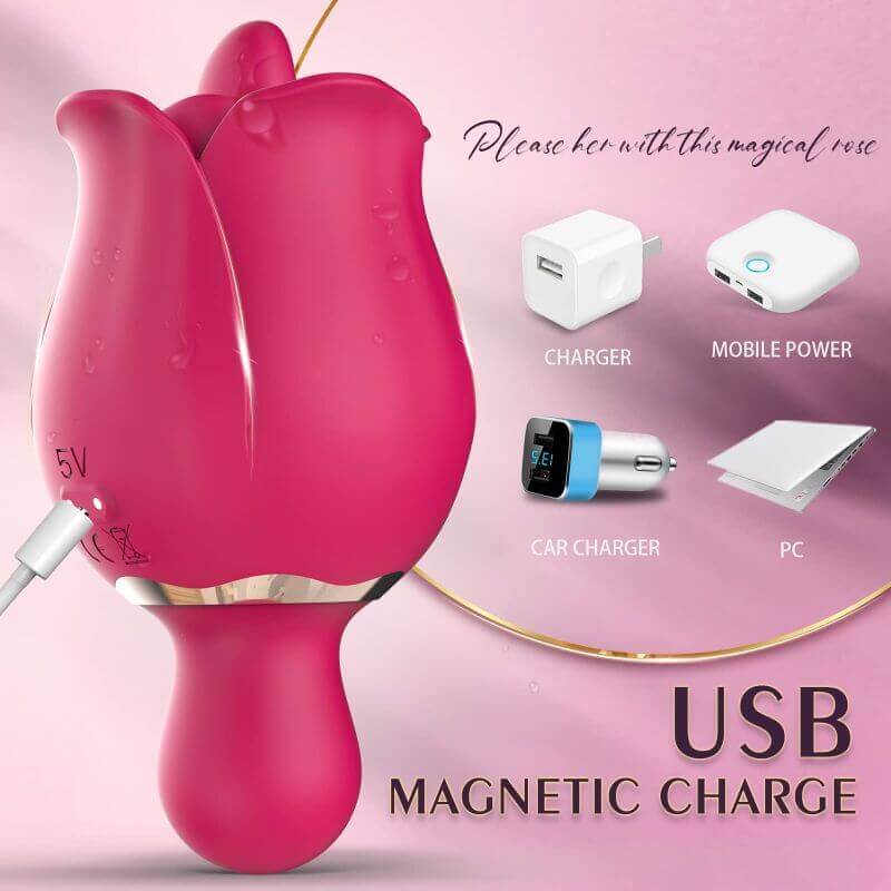 Rose tongue vibrator with magnetic charging cable attached to the two rear charging contacts
