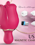 Rose tongue vibrator with magnetic charging cable attached to the two rear charging contacts