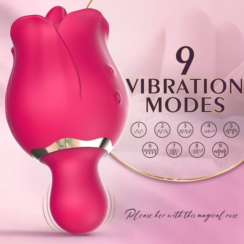 Rose tongue vibrator diagram showing nine vibration patterns for the rounded lower extension