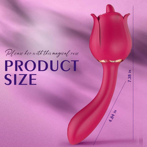 Tall rose tongue vibrator size diagram: 7.28-inch overall height and 4.84-inch curved lower section