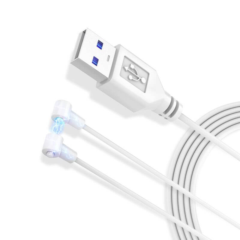 White Rose Toy charging cable with USB-A plug and two independent cylindrical magnetic contact heads