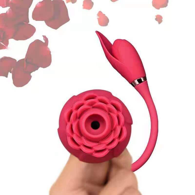 Close view of the Red Rose Toy Deluxe open suction head, layered petals and connected curved arm