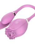 Pink Rose Toy Deluxe with open flower-shaped suction head, two controls and a curved vibrating arm joined by a flexible connector