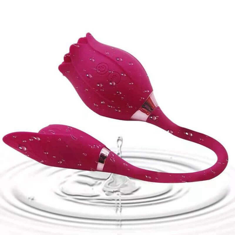 Red Rose Toy Deluxe with water droplets on the flower body and curved connector, showing two controls and the connected vibrating arm