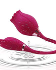 Red Rose Toy Deluxe with water droplets on the flower body and curved connector, showing two controls and the connected vibrating arm