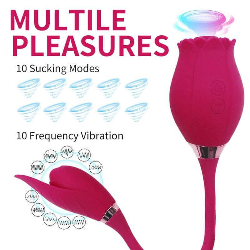 Rose Toy Deluxe mode guide showing ten suction patterns at the flower head and ten vibration patterns for the connected arm