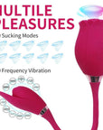Rose Toy Deluxe mode guide showing ten suction patterns at the flower head and ten vibration patterns for the connected arm