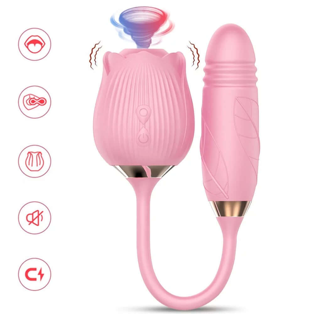 Pink Rose Toy Extendo Sucking version with open flower head, two controls, flexible connector and ribbed connected arm