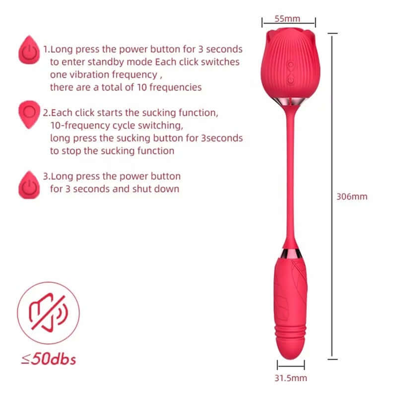 Rose Toy Extendo Sucking version size and control diagram showing 306 mm straightened length, 55 mm flower width and 31.5 mm arm width