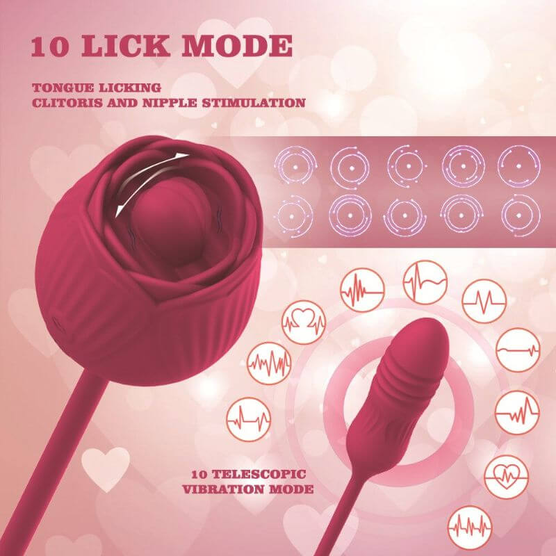 Rose Toy Extendo Tongue Licking mode guide showing ten tongue patterns and ten telescopic vibration patterns