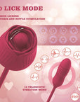 Rose Toy Extendo Tongue Licking mode guide showing ten tongue patterns and ten telescopic vibration patterns