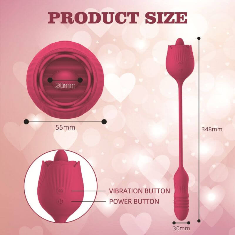 Rose Toy Extendo Tongue Licking size diagram showing 348 mm straightened overall length, 55 mm head width and 30 mm arm width