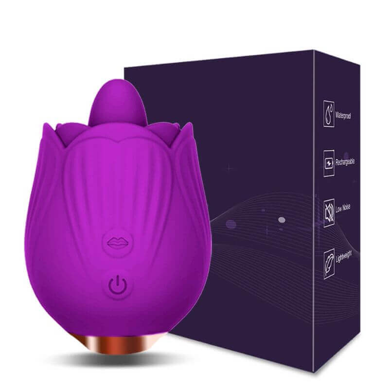 Purple rose tongue vibrator with raised contact point and two buttons shown beside its dark retail box