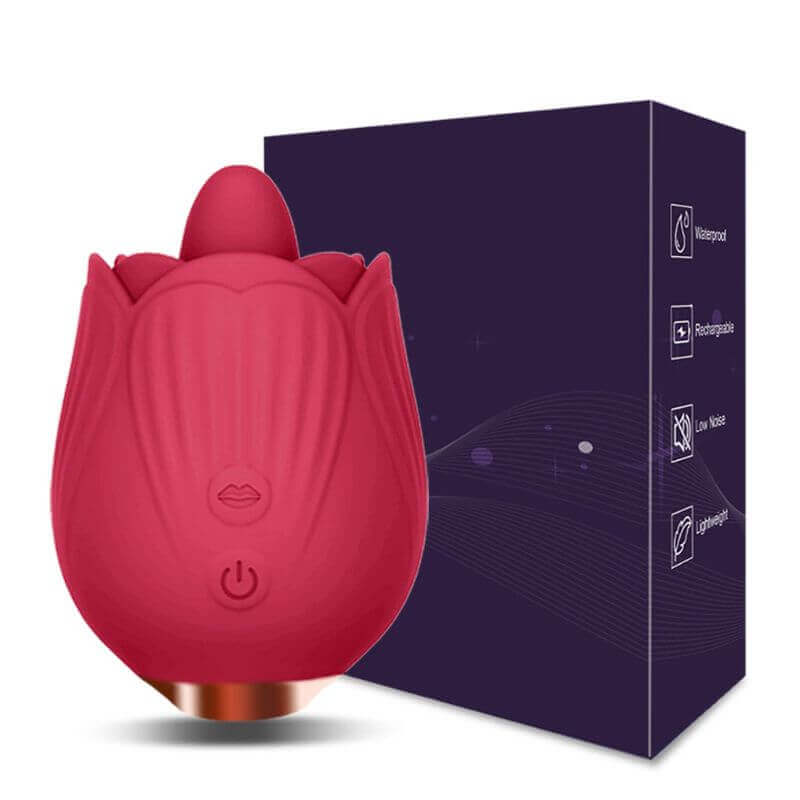 Red rose tongue vibrator with raised contact point and two buttons shown beside its dark retail box