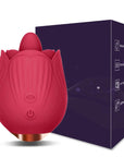 Red rose tongue vibrator with raised contact point and two buttons shown beside its dark retail box