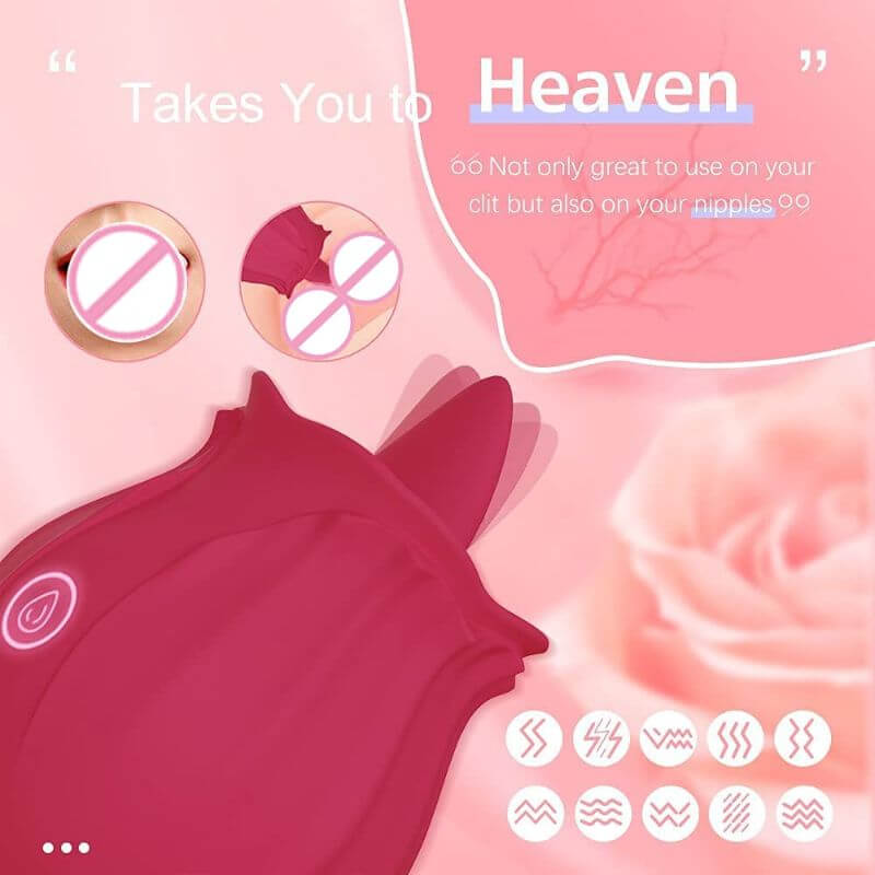 Red Rosebud tongue vibrator in an external-contact guide with illustrated mode patterns
