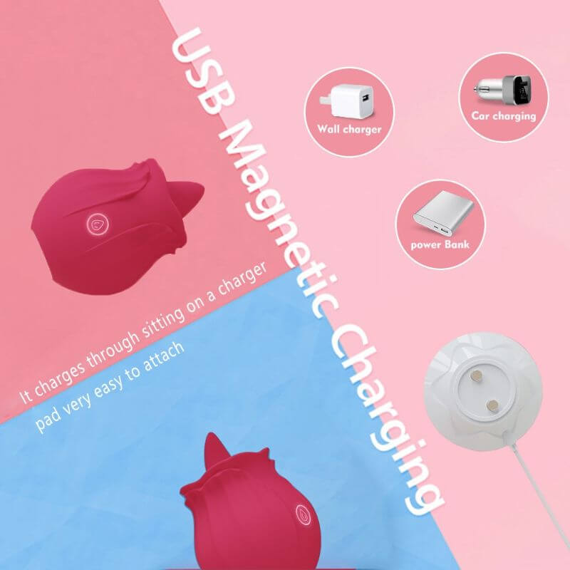 Red Rosebud tongue vibrator with circular magnetic USB charging pad and power-source illustrations