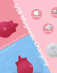 Red Rosebud tongue vibrator with circular magnetic USB charging pad and power-source illustrations