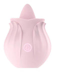 Pink Rosebud tongue vibrator with raised tongue, layered petal body and single button