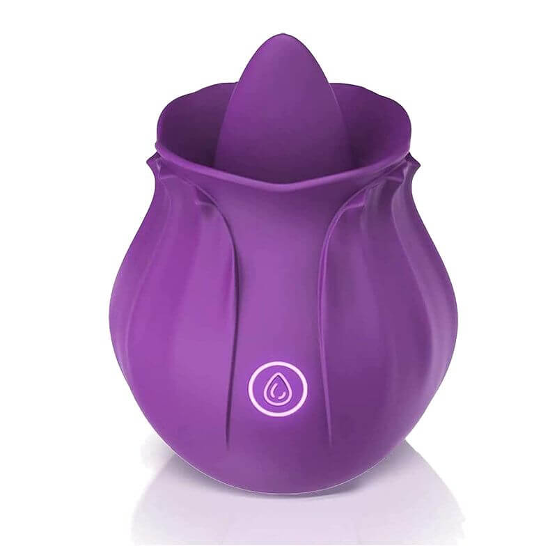 Purple Rosebud tongue vibrator with raised tongue, layered petal body and single button