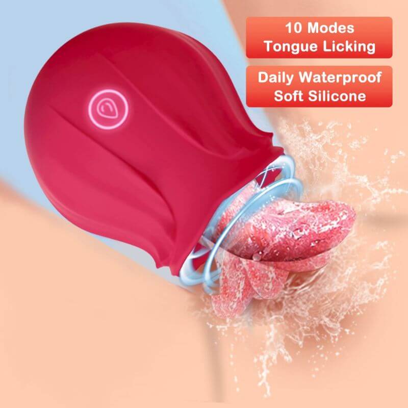 Red Rosebud tongue vibrator showing raised central tongue and single control button
