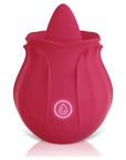 Red Rosebud tongue vibrator with petal-shaped body, raised central tongue and single control button