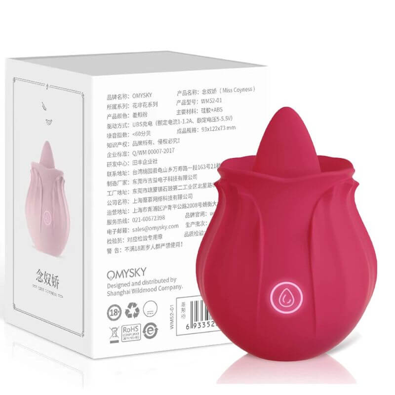 Red Rosebud tongue vibrator beside its product packaging