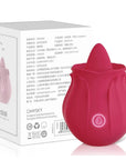 Red Rosebud tongue vibrator beside its product packaging