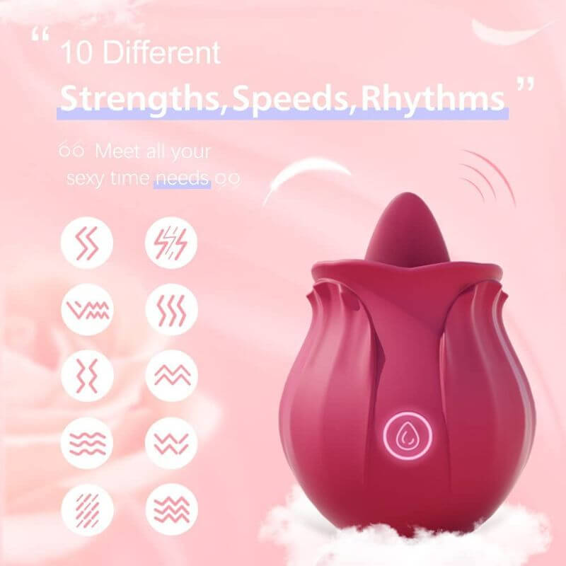 Rosebud tongue vibrator with a chart of ten selectable strength, speed and rhythm patterns